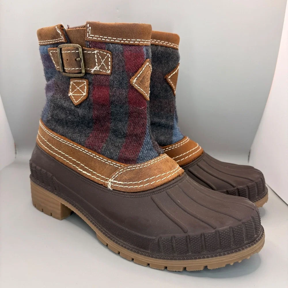 Kamik Womens Plaid Duck Boots Brown Blue Red Waterproof Winter Rain Boots Size 8